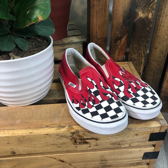 checker flame slip on vans